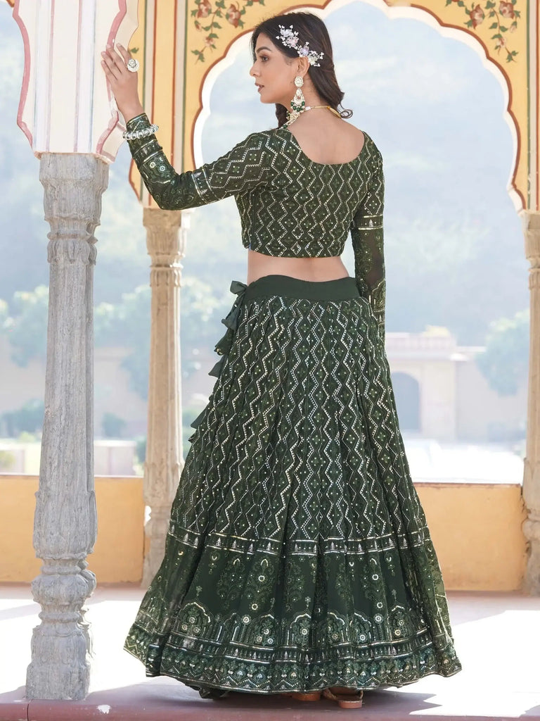 Spectacular Olive Green Sequins Georgette Mehendi Wear Lehenga Choli