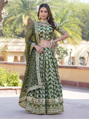 Charming Green Embroidered Jacquard Mehendi Wear Lehenga Choli