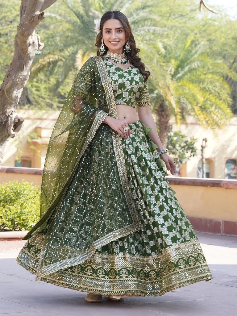 Charming Green Embroidered Jacquard Mehendi Wear Lehenga Choli