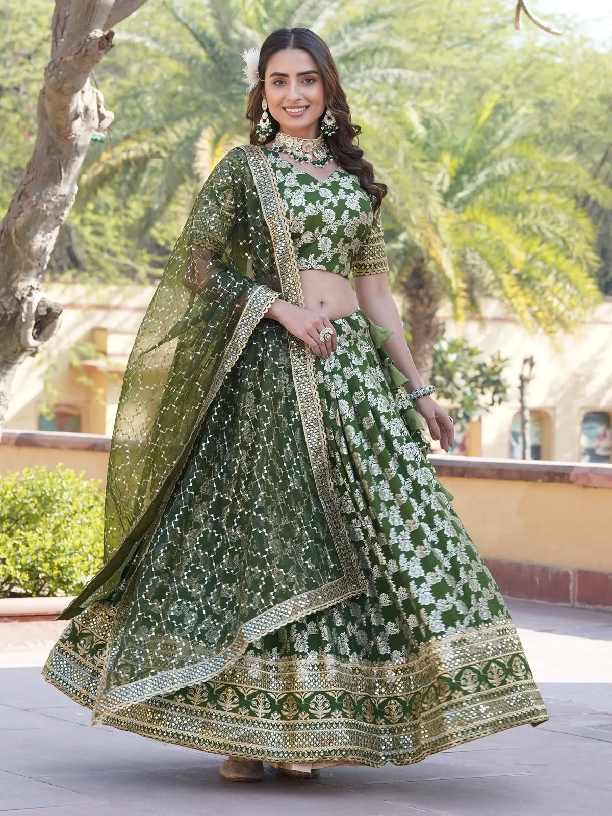 Charming Green Embroidered Jacquard Mehendi Wear Lehenga Choli