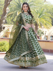 Charming Green Embroidered Jacquard Mehendi Wear Lehenga Choli