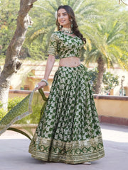 Charming Green Embroidered Jacquard Mehendi Wear Lehenga Choli