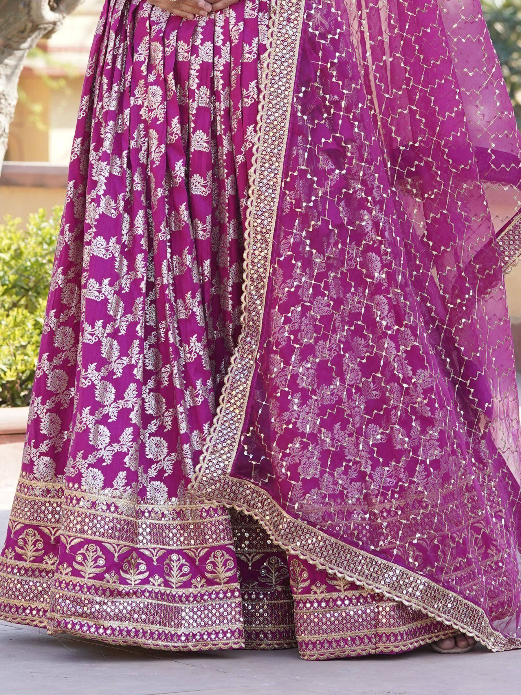 Purple designer lehenga choli with gold floral embroidery and sequin dupatta, ethnic Indian wear