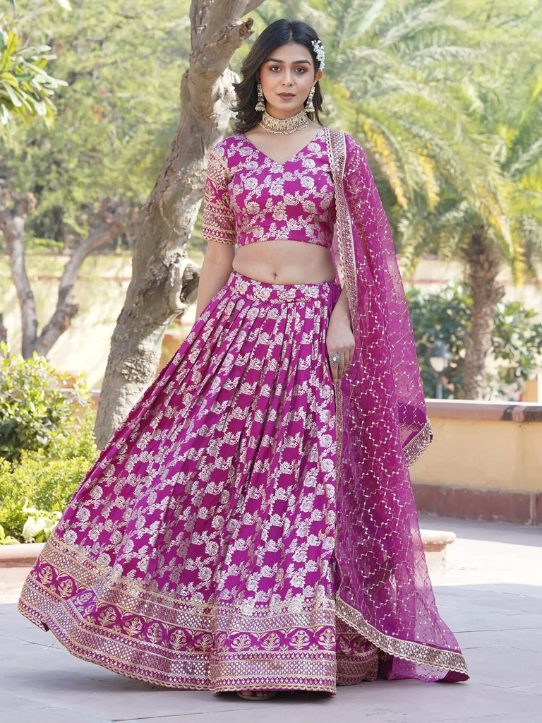 Fabulous Rani Pink Embroidered Jacquard Wedding Wear Lehenga Choli