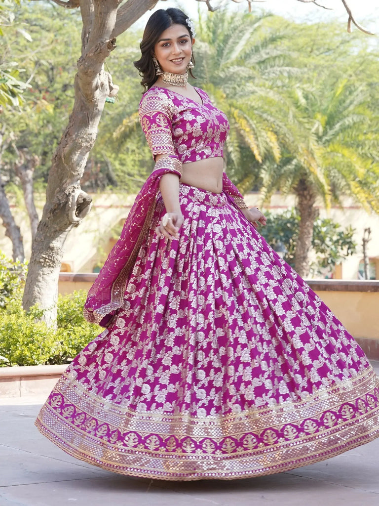 Fabulous Rani Pink Embroidered Jacquard Wedding Wear Lehenga Choli