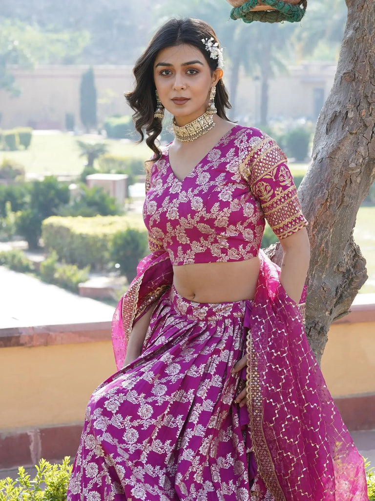 Fabulous Rani Pink Embroidered Jacquard Wedding Wear Lehenga Choli
