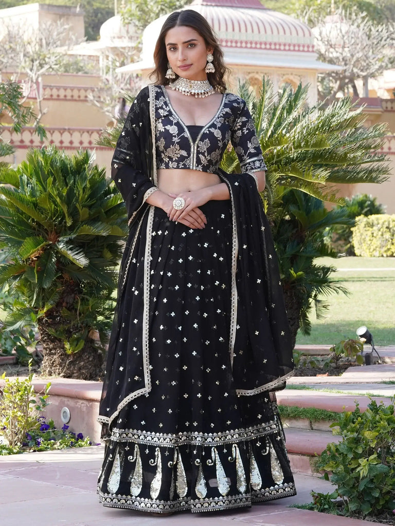 Incredible Black Sequins Georgette Reception Wear Lehenga Choli