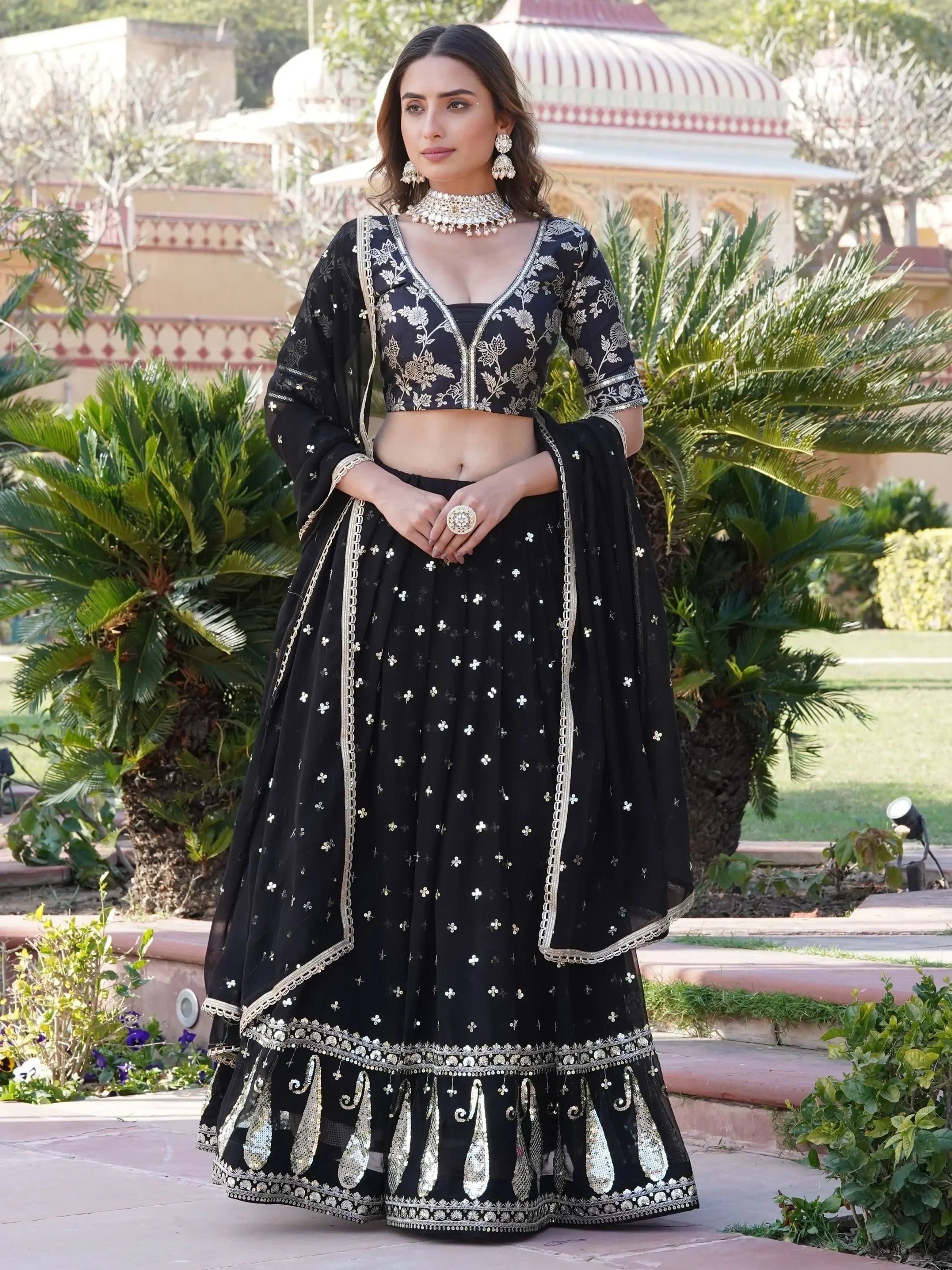 Incredible Black Sequins Georgette Reception Wear Lehenga Choli