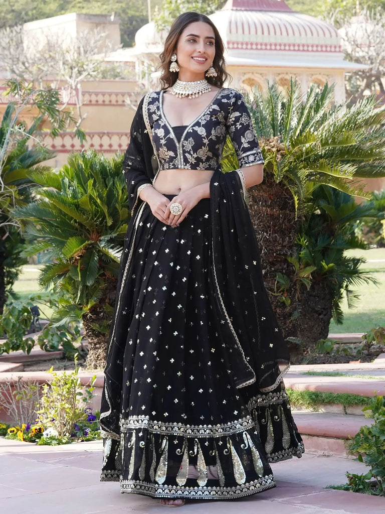 Incredible Black Sequins Georgette Reception Wear Lehenga Choli