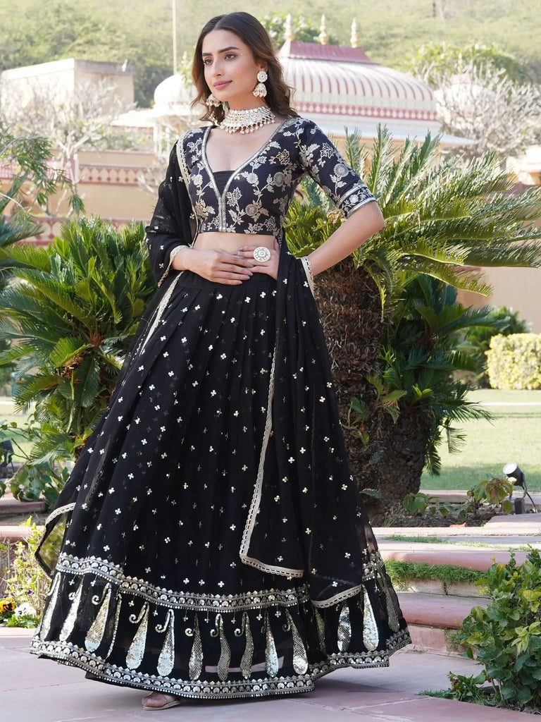 Incredible Black Sequins Georgette Reception Wear Lehenga Choli