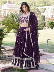Awesome Wine Sequins Georgette Wedding Lehenga Choli With Dupatta
