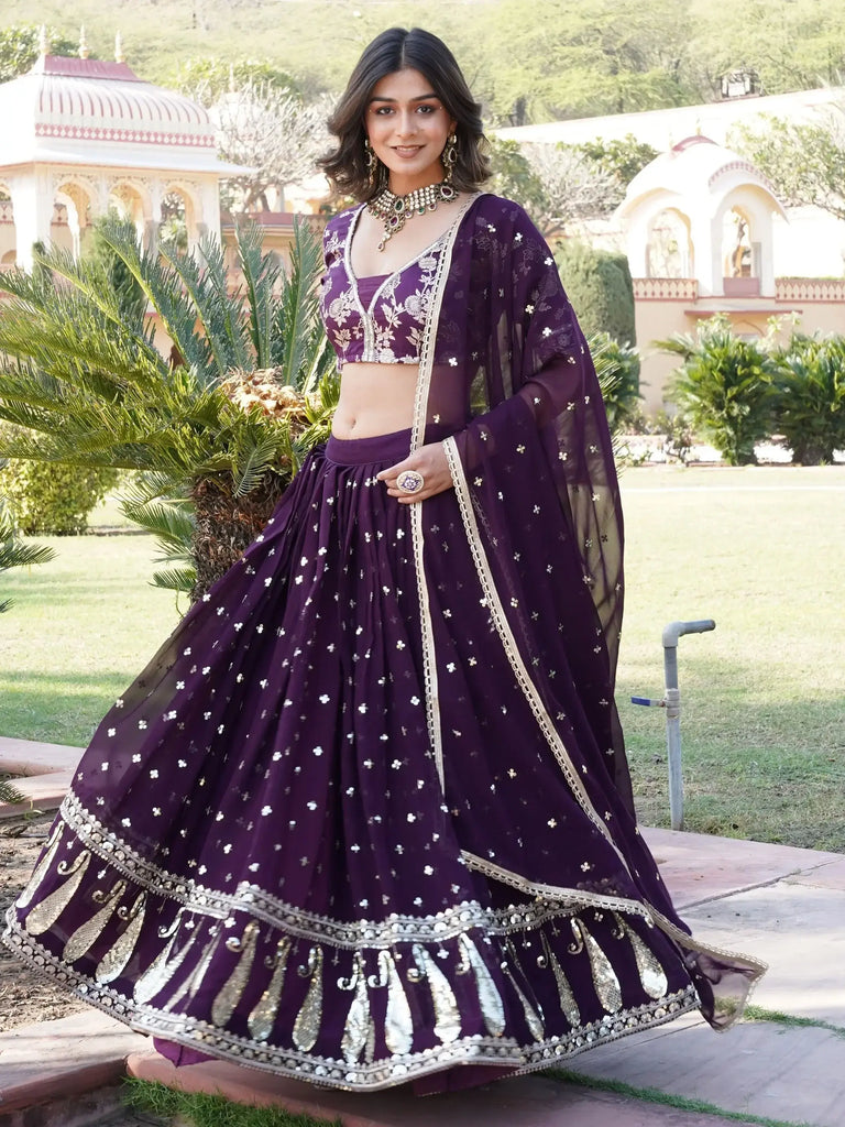Awesome Wine Sequins Georgette Wedding Lehenga Choli With Dupatta