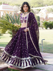 Awesome Wine Sequins Georgette Wedding Lehenga Choli With Dupatta