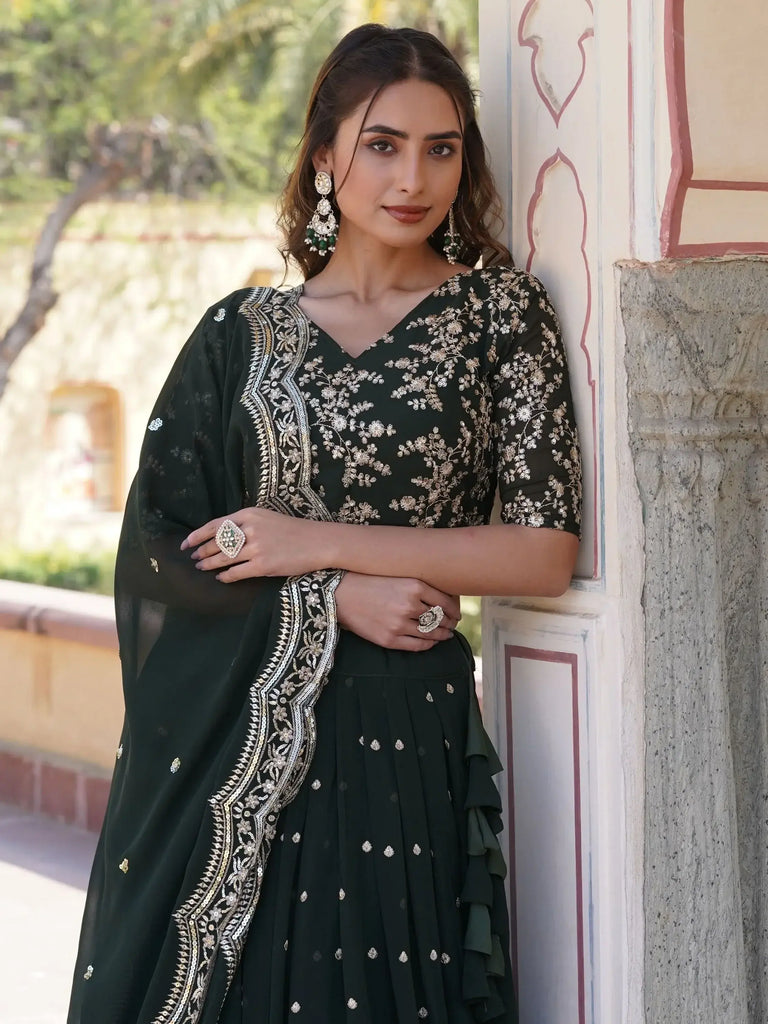 Fabulous Dark Green Sequins Georgette Mehendi Wear Lehenga Choli