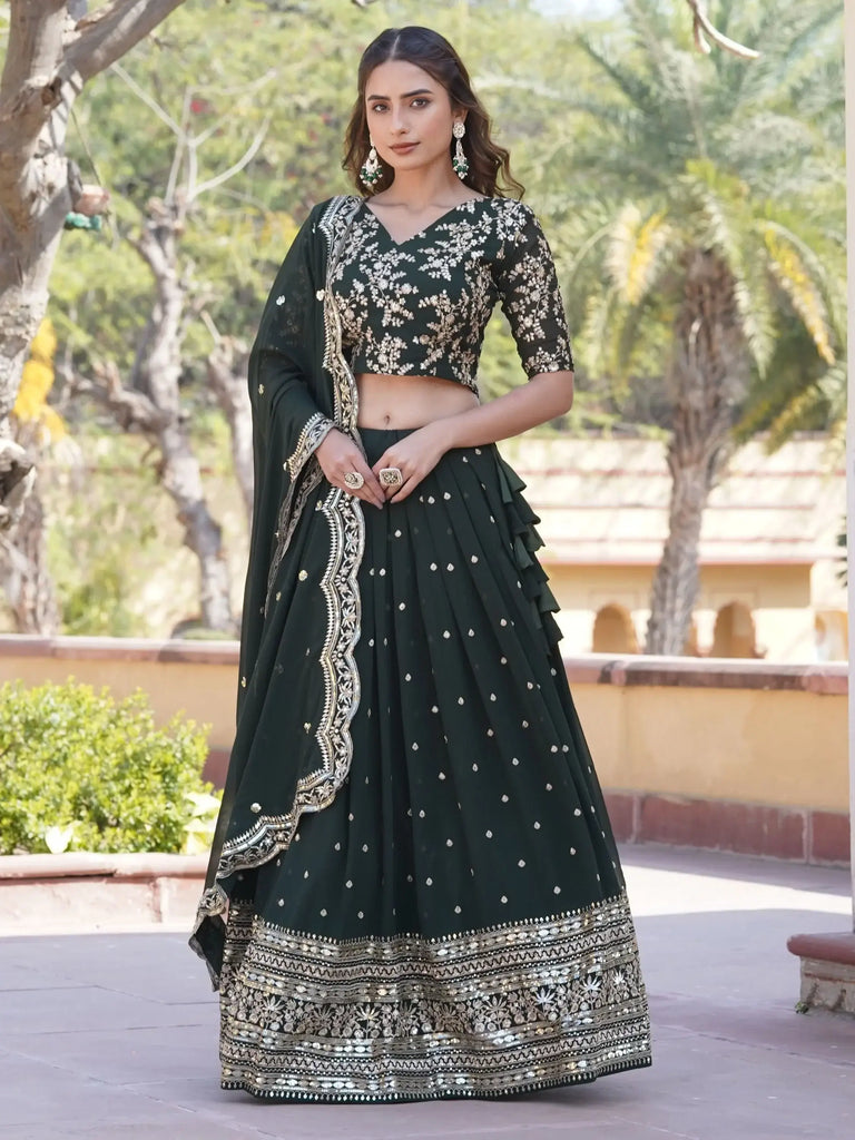 Fabulous Dark Green Sequins Georgette Mehendi Wear Lehenga Choli