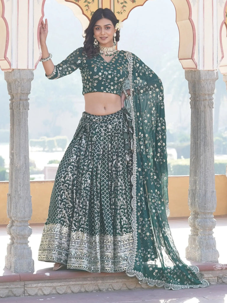 Fascinating Green Sequins Jacquard Function Wear Lehenga Choli