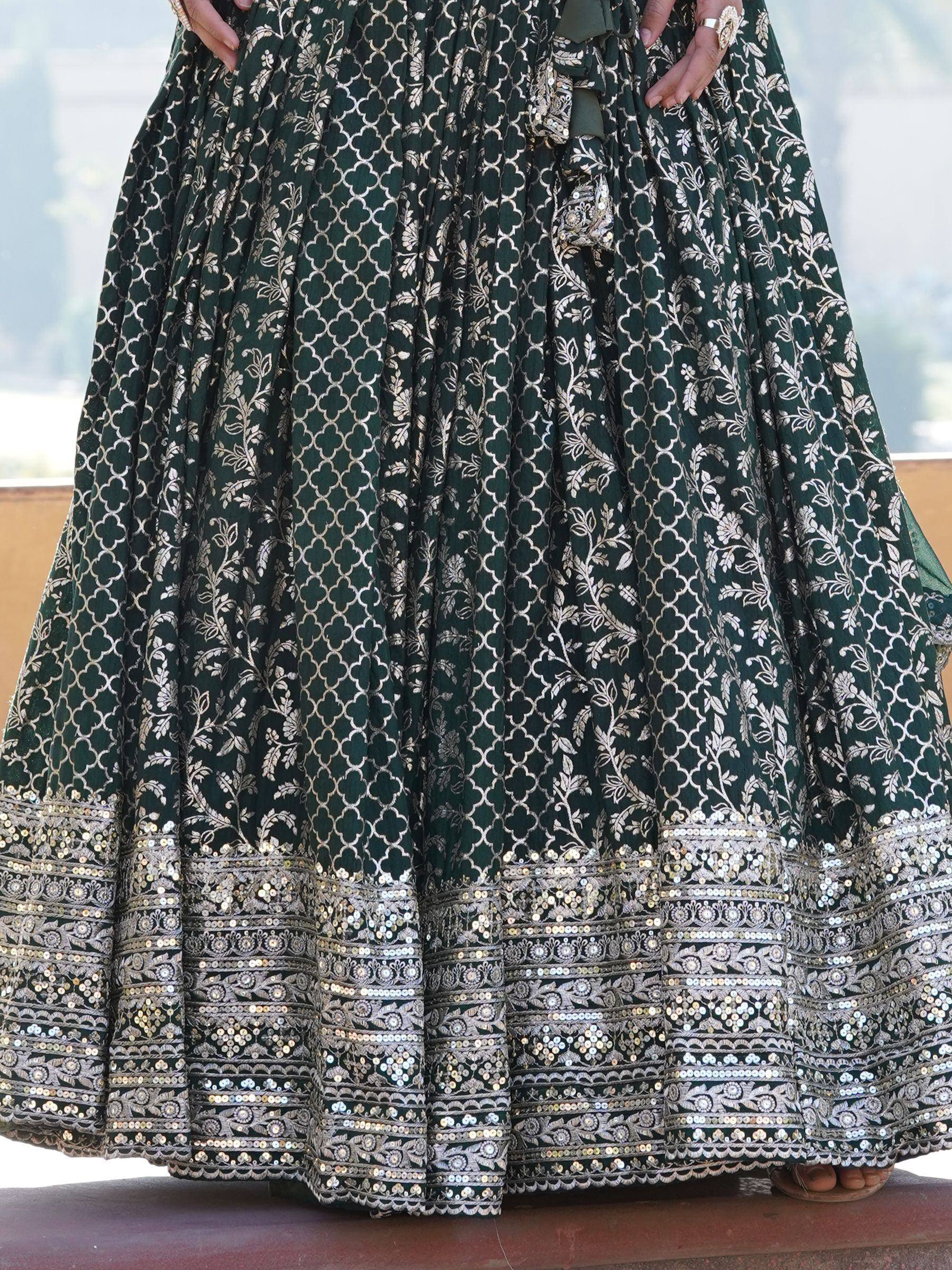 Dark green lehenga with gold floral and geometric print, sequin border, ethnic wear