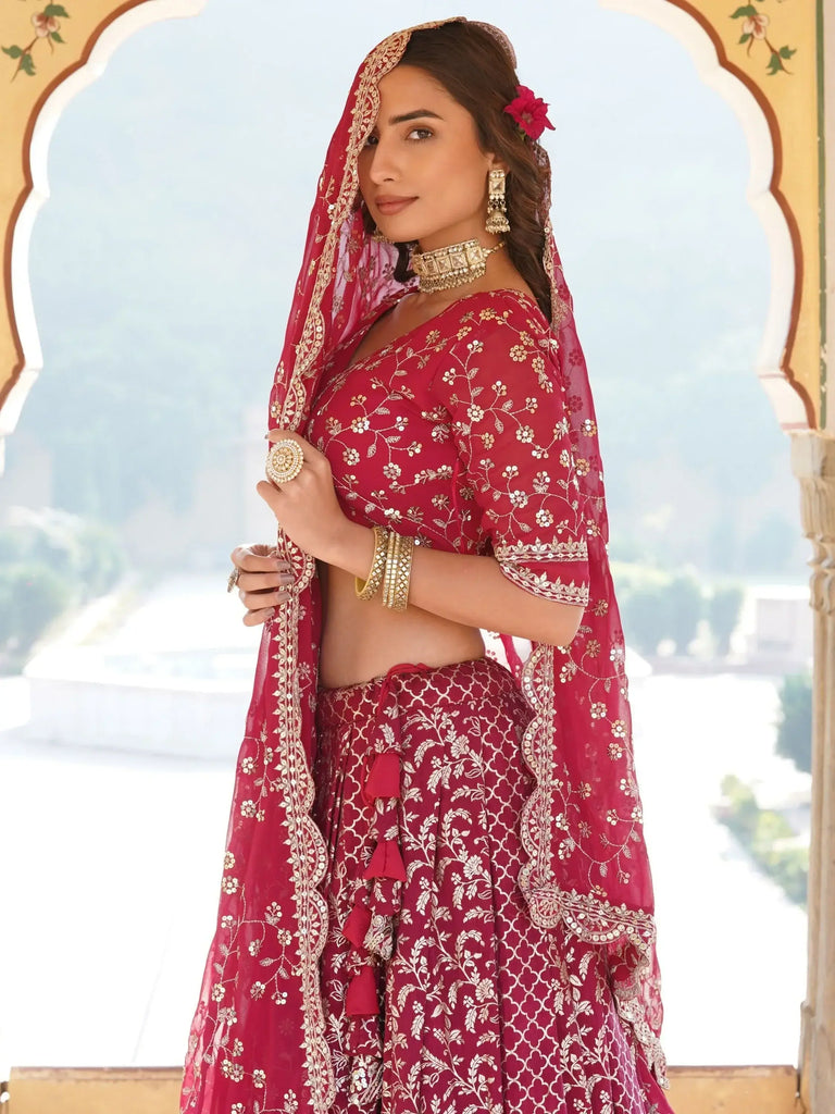 Mesmerizing Rani Pink Sequins Jacquard Wedding Lehenga Choli