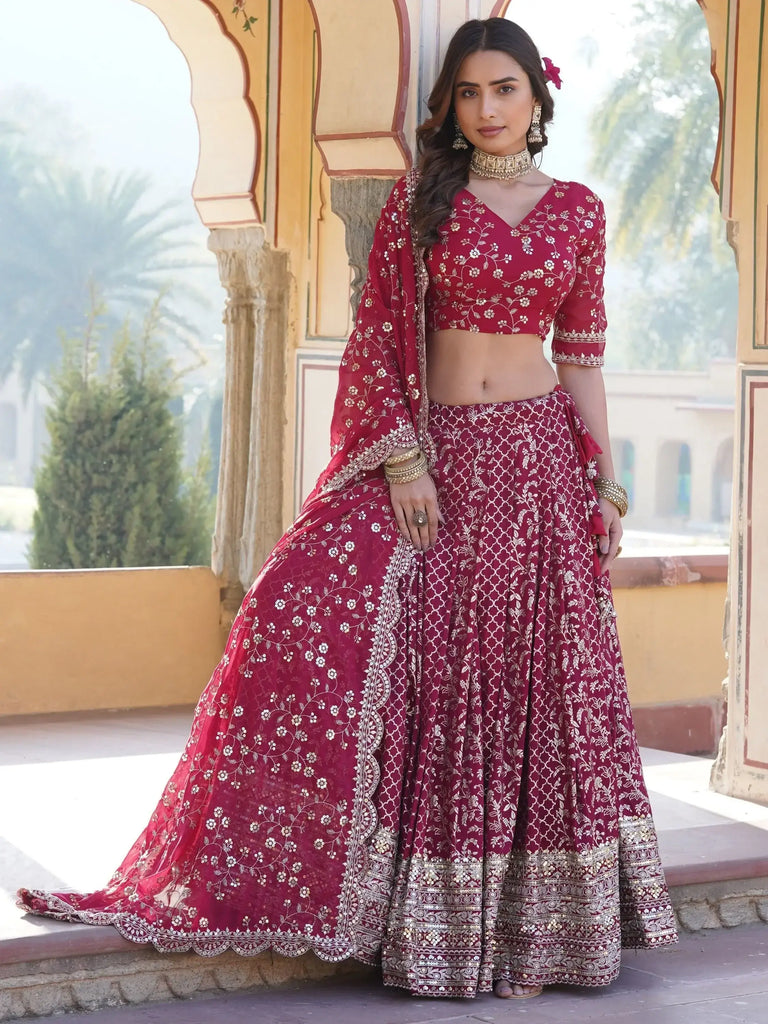 Mesmerizing Rani Pink Sequins Jacquard Wedding Lehenga Choli