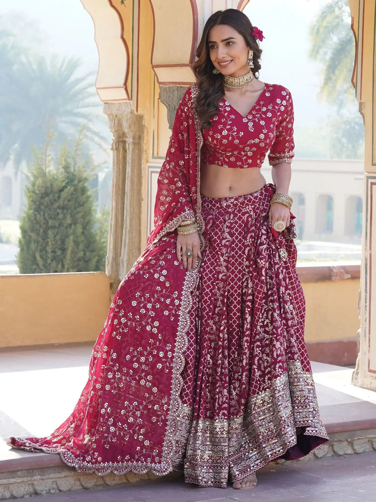 Mesmerizing Rani Pink Sequins Jacquard Wedding Lehenga Choli