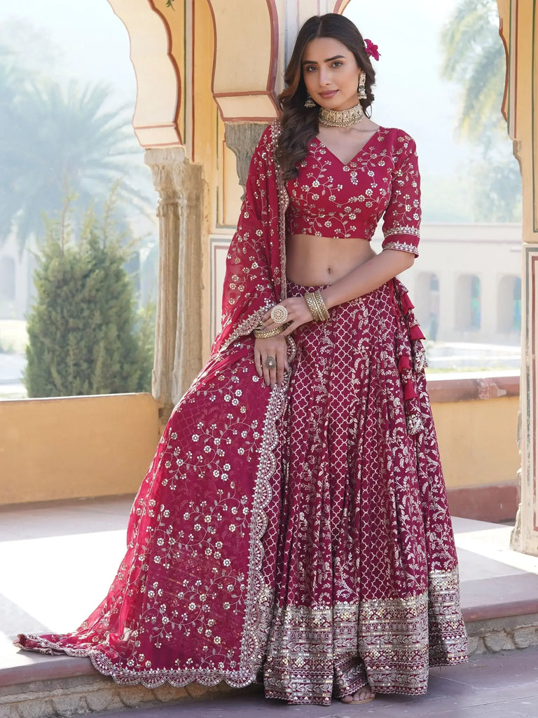 Mesmerizing Rani Pink Sequins Jacquard Wedding Lehenga Choli