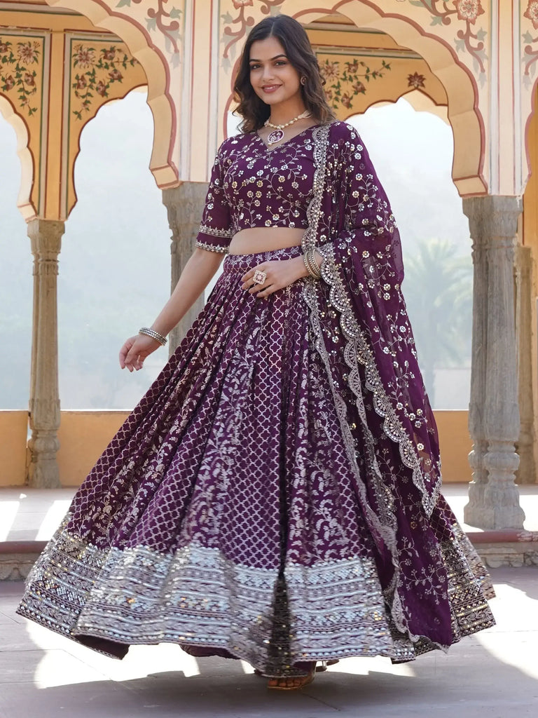 Bewitching Wine Sequins Jacquard Engagement Wear Lehenga Choli