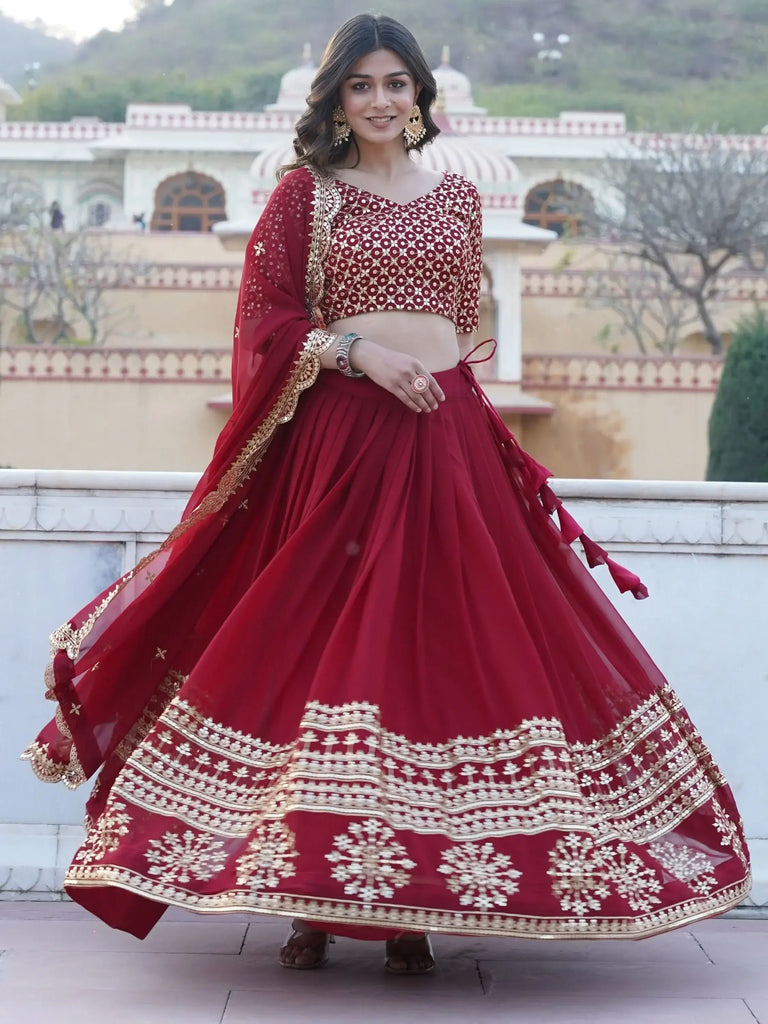 Beautiful Maroon Sequins Georgette Wedding Wear Lehenga Choli