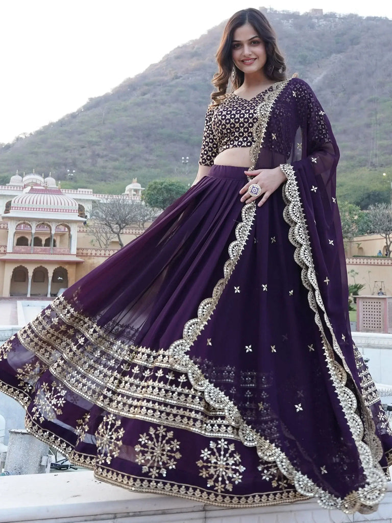 Gorgeous Purple Sequins Georgette Lehenga Choli With Dupatta
