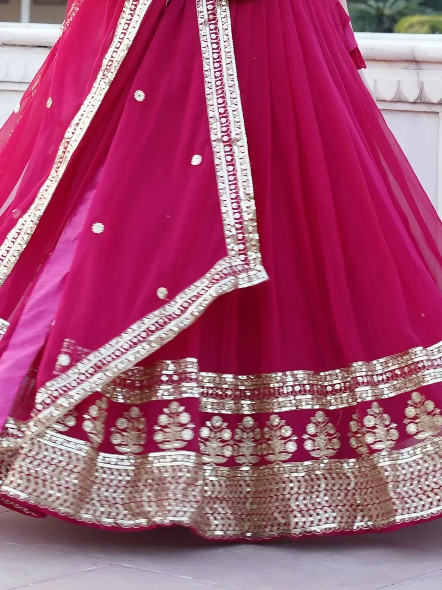 Fuchsia lehenga with gold embroidery and sequin border, Indian ethnic wear