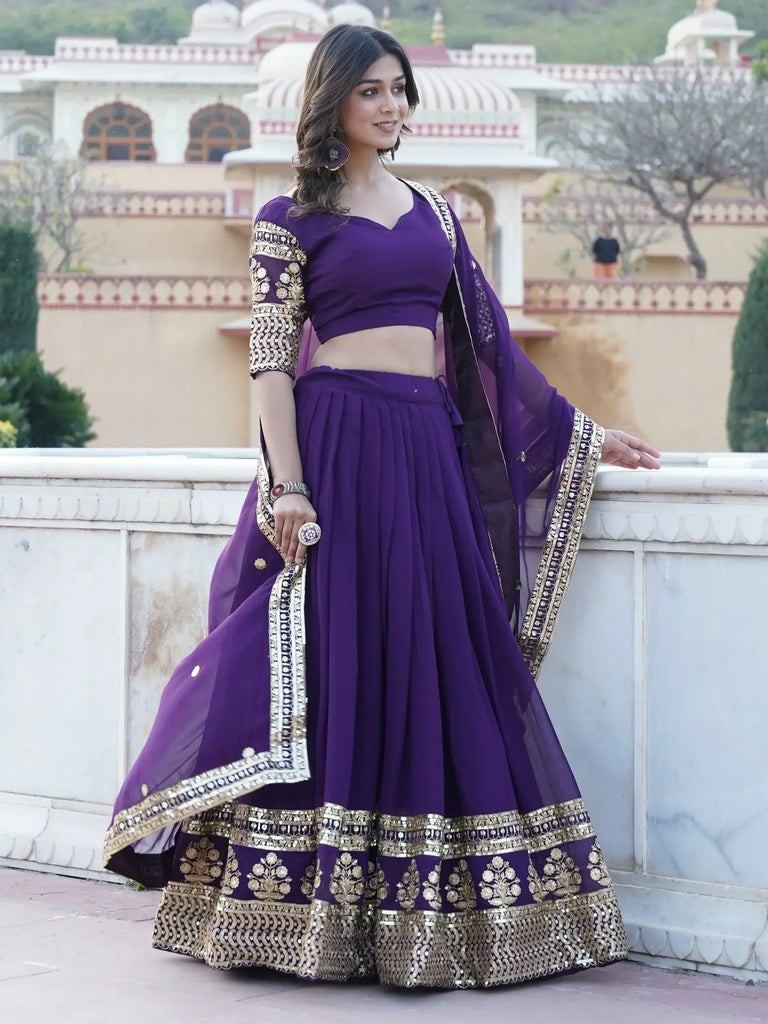 Fabulous Purple Embroidered Georgette Function Wear Lehenga Choli