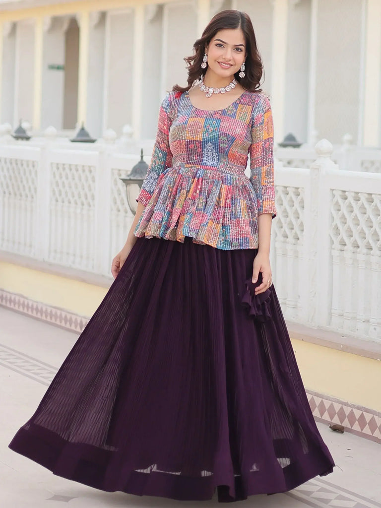Astounding Wine Georgette Function Wear Crushed Lehenga With Suit