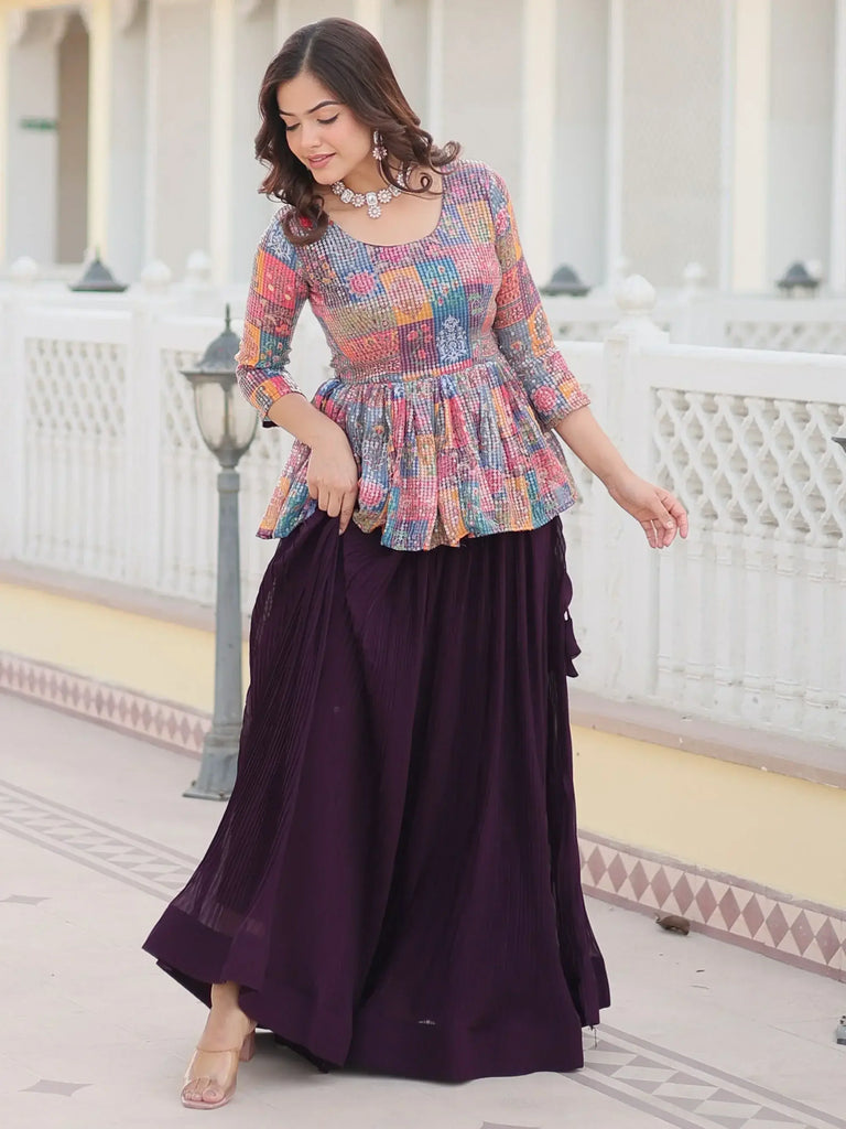 Astounding Wine Georgette Function Wear Crushed Lehenga With Suit