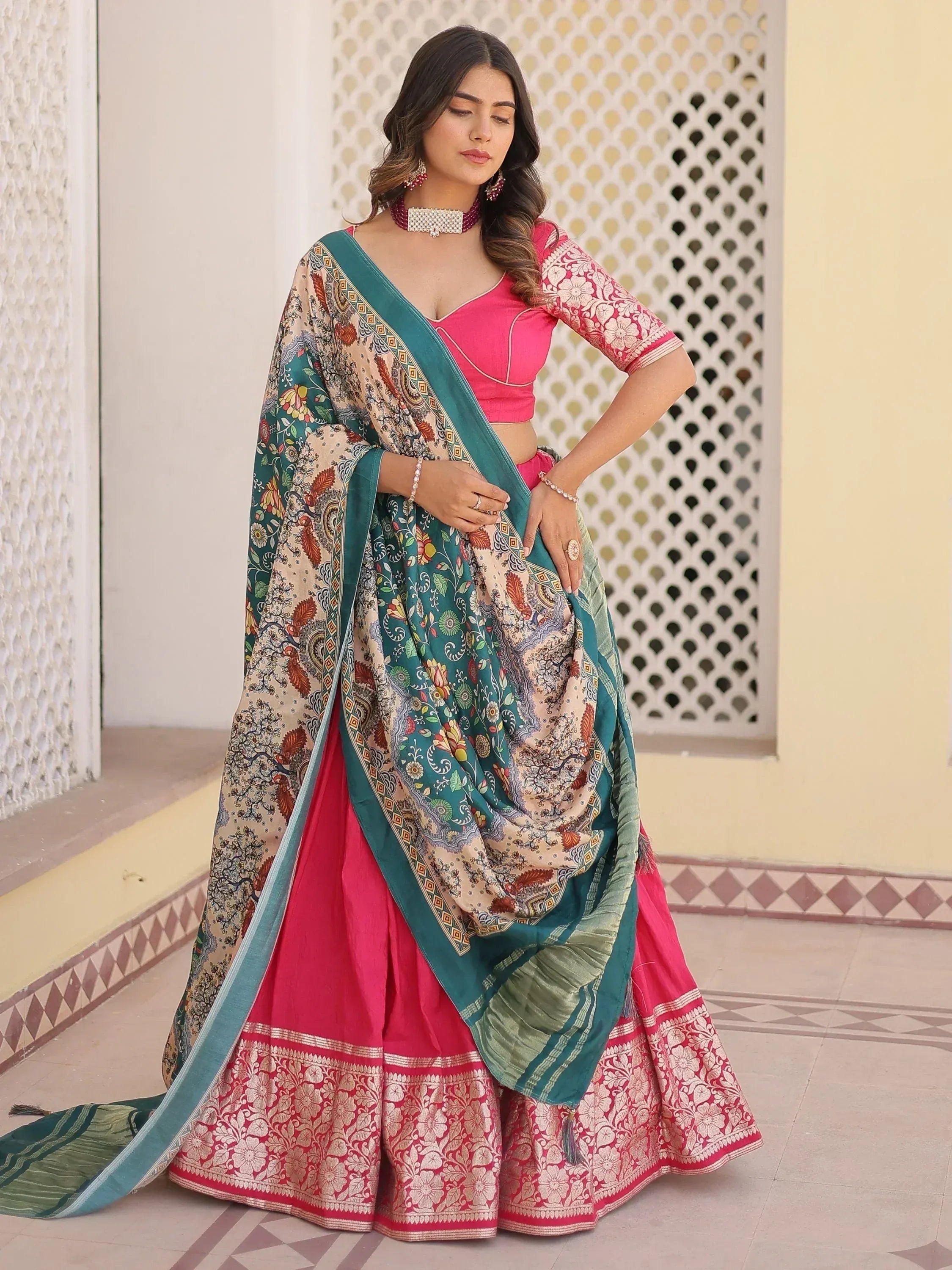 Pink lehenga choli with floral dupatta, ethnic wear for women, designer Indian outfit