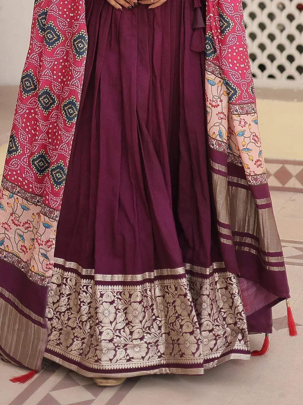 Purple ethnic lehenga with floral border and printed dupatta, perfect for Indian weddings and festivals