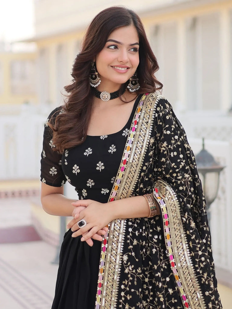 Awesome Black Sequins Georgette Function Wear Lehenga Choli