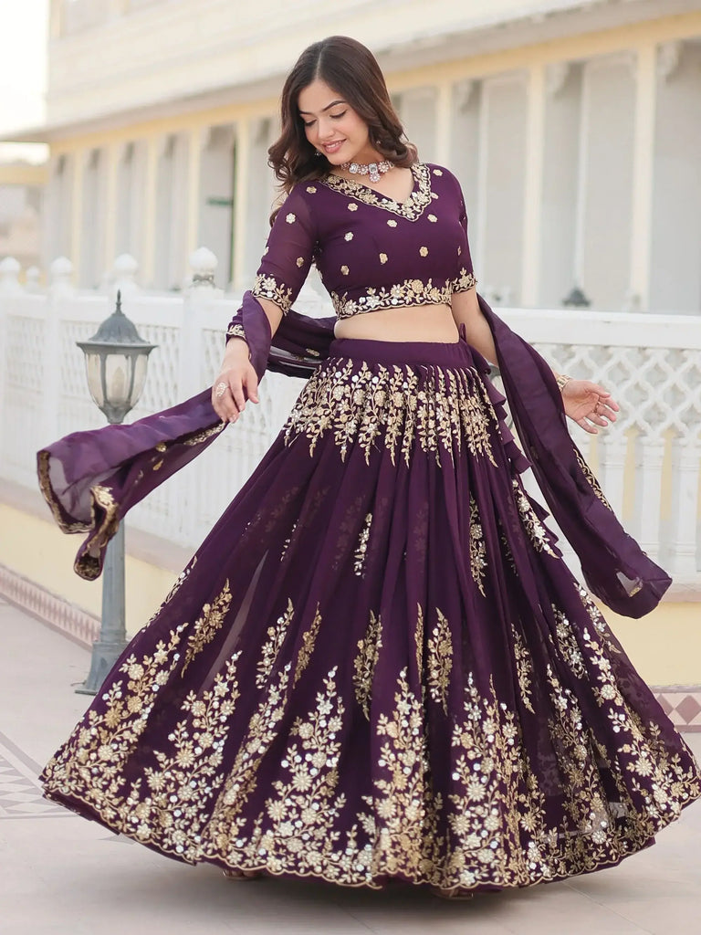 Beautiful Wine Sequins Georgette Wedding Lehenga Choli With Dupatta