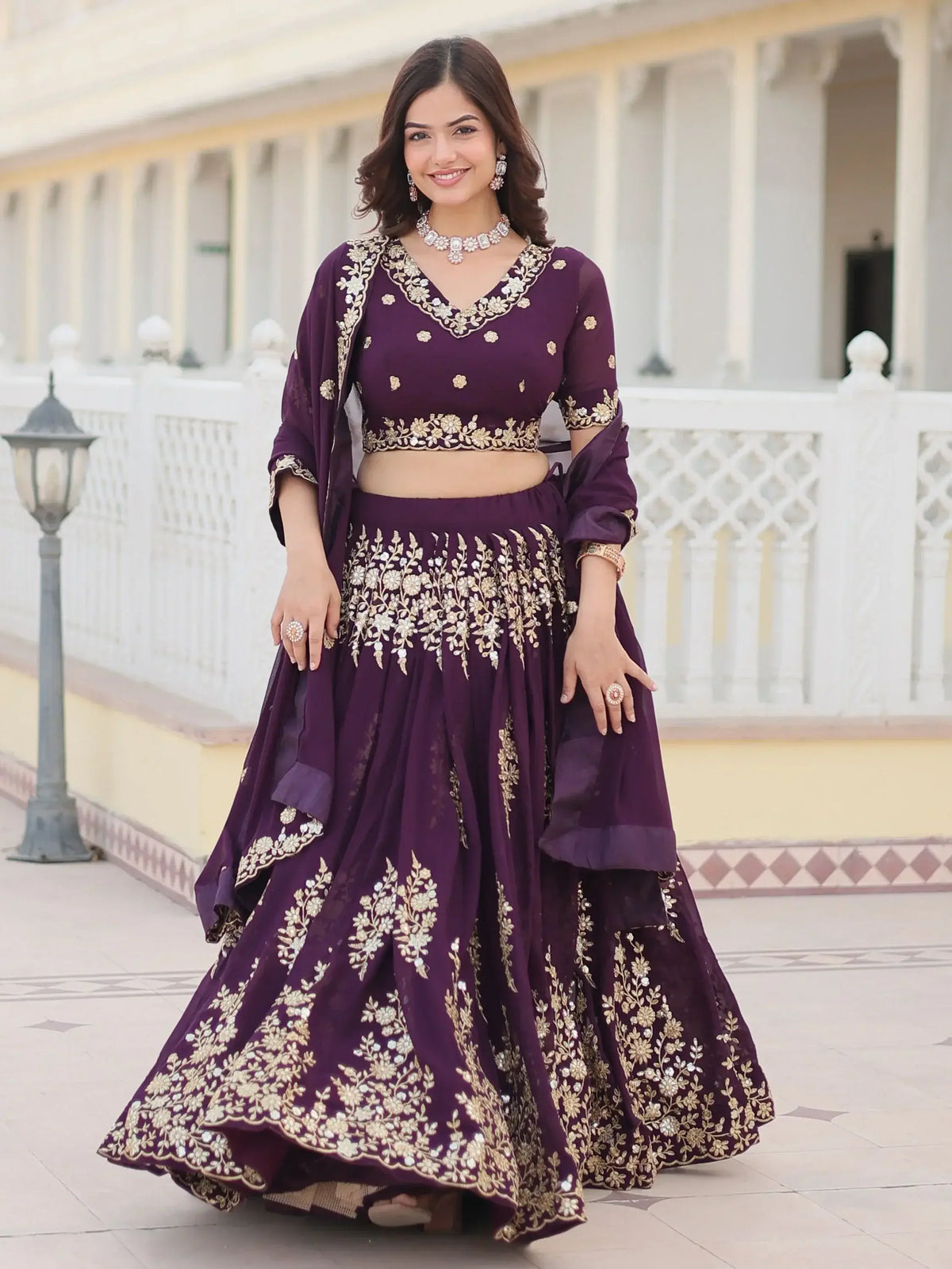 Beautiful Wine Sequins Georgette Wedding Lehenga Choli With Dupatta