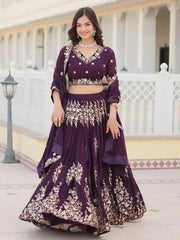 Beautiful Wine Sequins Georgette Wedding Lehenga Choli With Dupatta