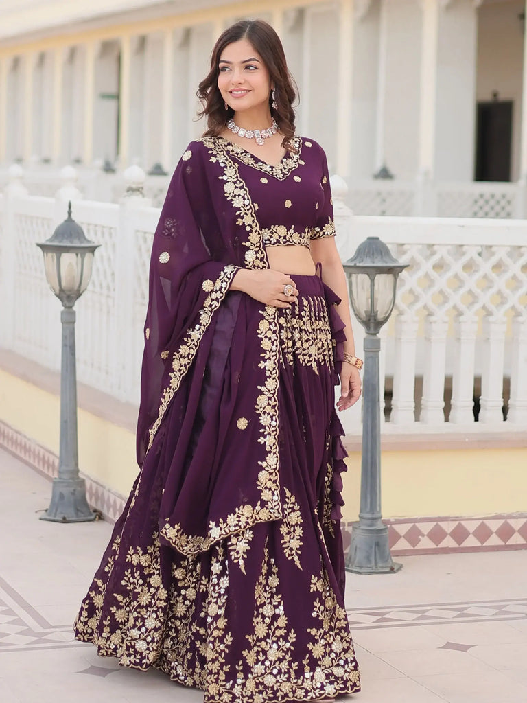 Beautiful Wine Sequins Georgette Wedding Lehenga Choli With Dupatta