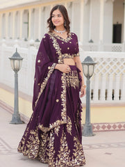 Beautiful Wine Sequins Georgette Wedding Lehenga Choli With Dupatta