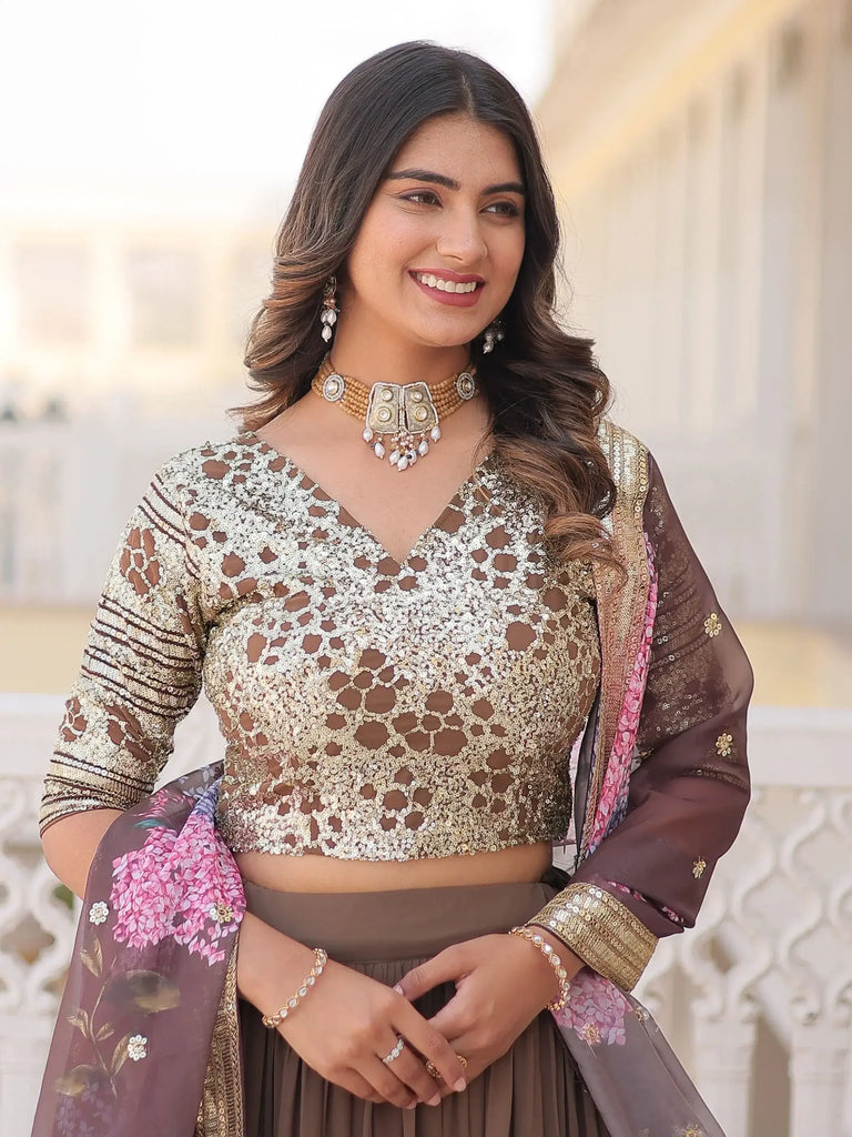 Beautiful Brown Georgette Function Wear Lehenga Choli With Dupatta