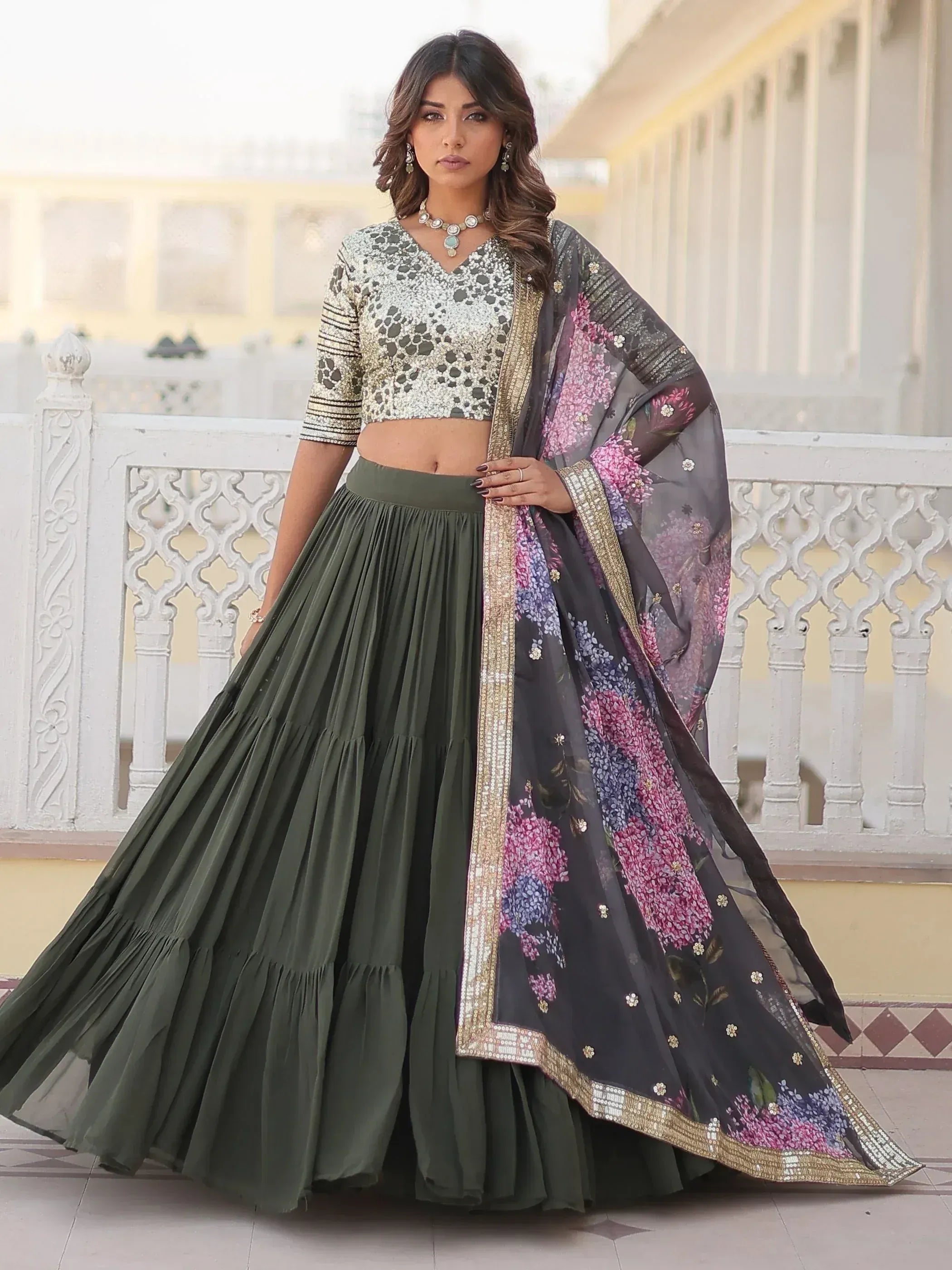 Elegant olive green lehenga with floral dupatta and sequined blouse for Indian ethnic wear