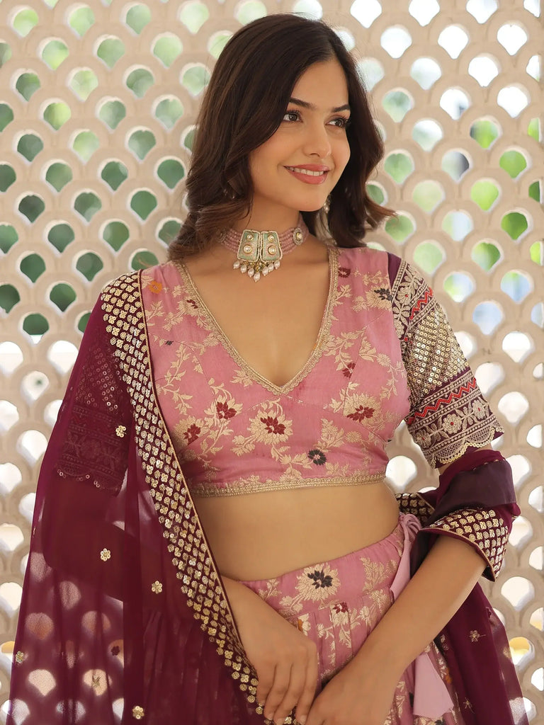 Adorable Pink Embroidered Jacquard Occasions Wear Lehenga Choli