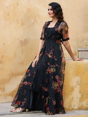 Astounding Black Rayon Party Wear Plain Gown With Printed Koti
