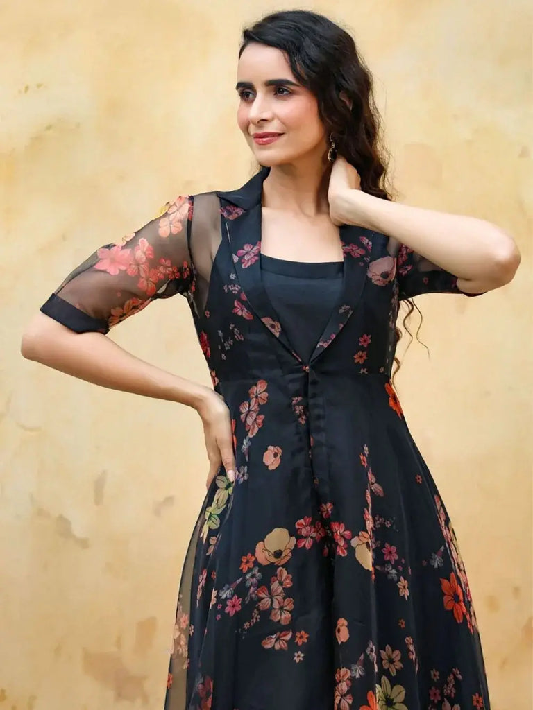Astounding Black Rayon Party Wear Plain Gown With Printed Koti