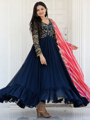 Beautiful Navy Blue Zari Embroidered Georgette Reception Wear Gown