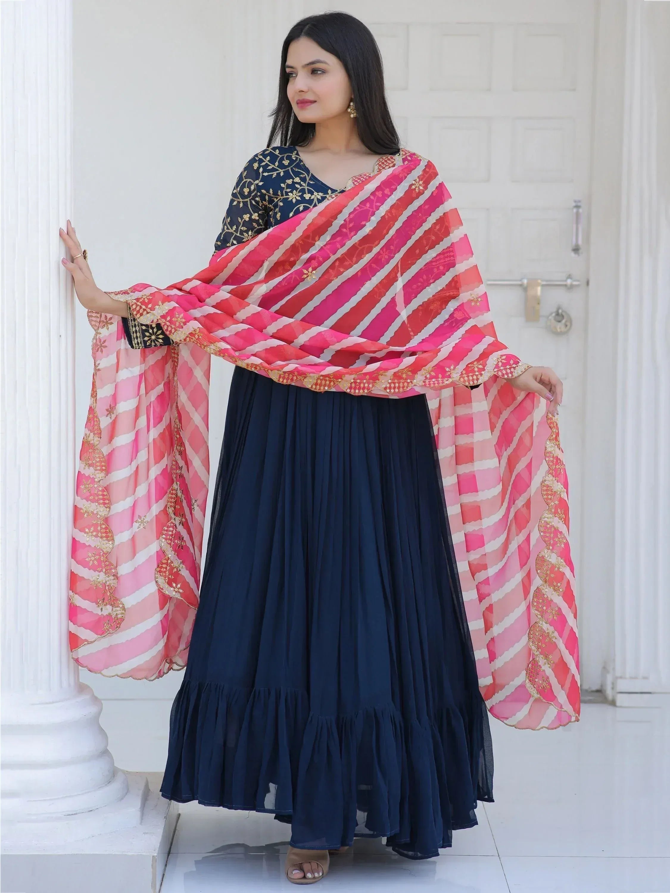 Navy blue embroidered salwar kameez with pink striped dupatta, Indian ethnic wear for women