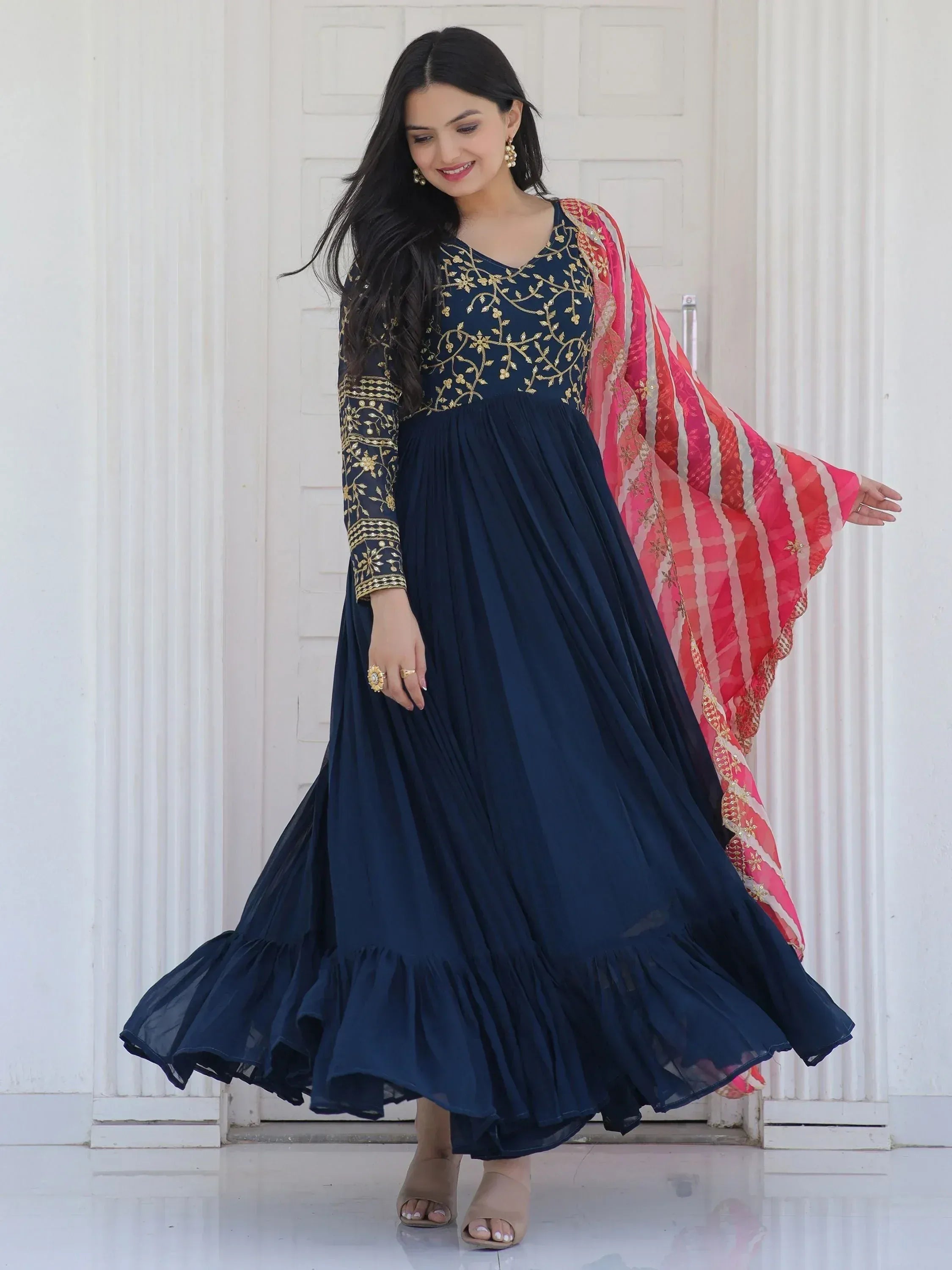 Navy blue embroidered anarkali with gold detailing and pink dupatta, Indian ethnic wear