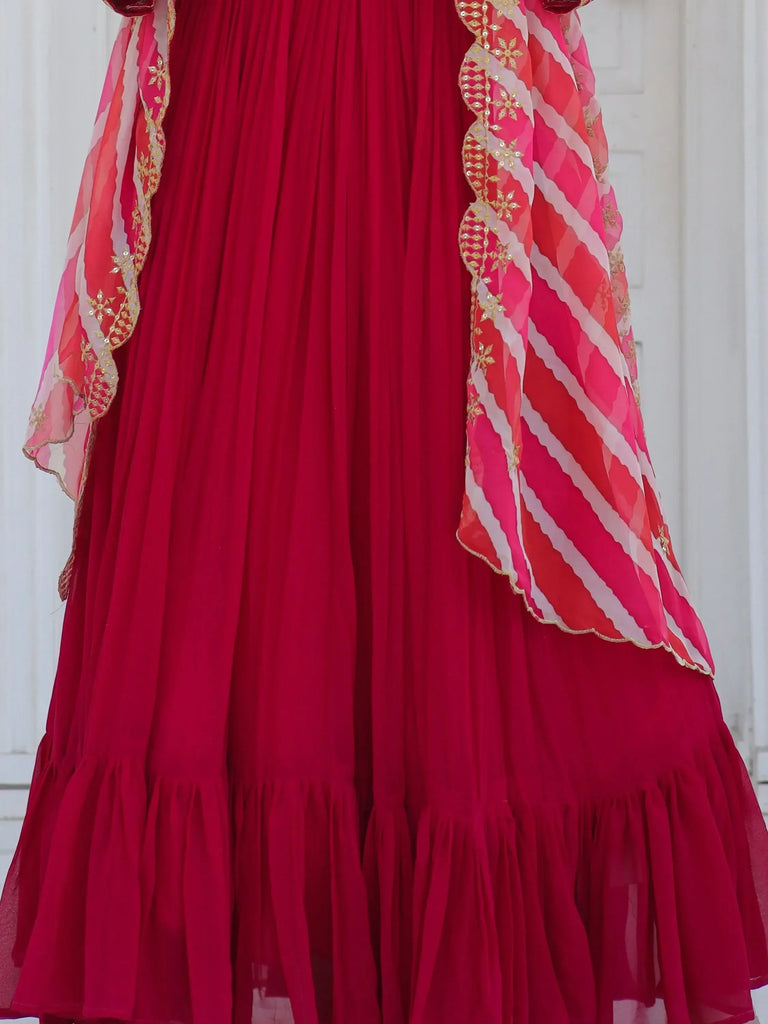Lovely Pink Zari Embroidered Georgette Festival Wear Gown With Dupatta