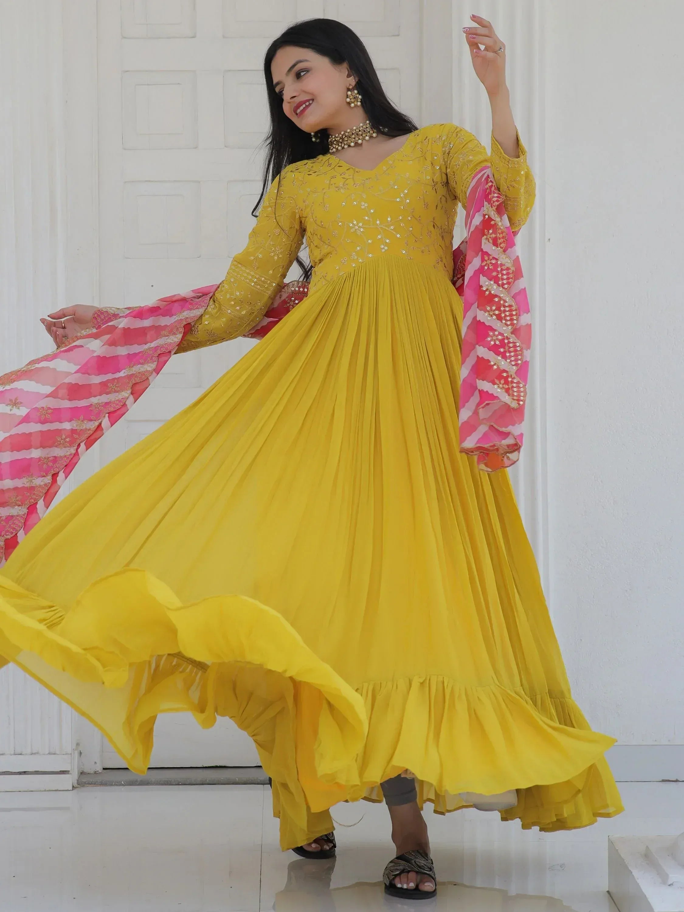 Yellow embroidered anarkali with pink dupatta, ethnic Indian wear for women